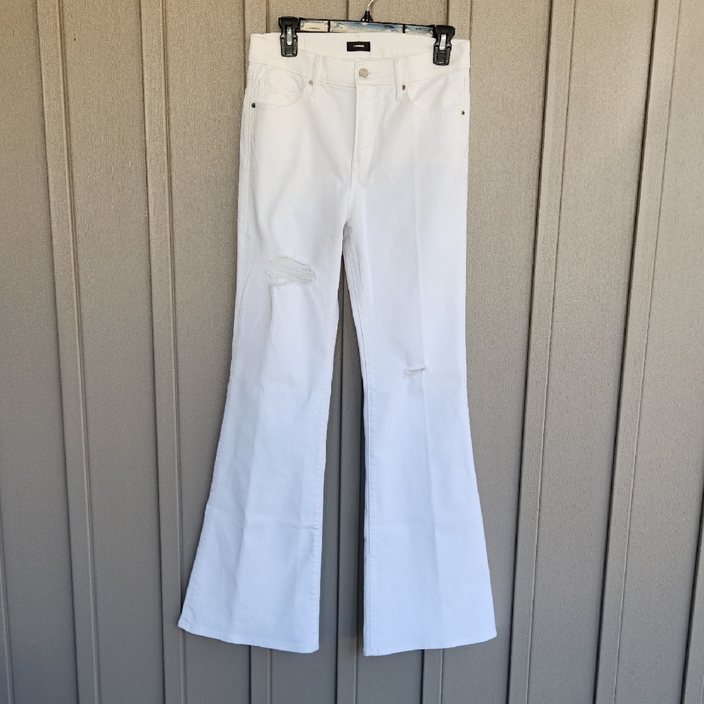 Express Women's Cream Distressed Flare Jeans - Picture 3 of 10